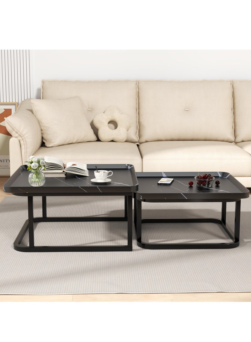 XiuWoo Nesting Square Coffee Table Modern Luxury Coffee Table Set of 2 60cm 50cm Black Marble Finish Minimalist Tea Table for Small Spaces Living Room Office Side Tables with Storage Home Decor - Image 5