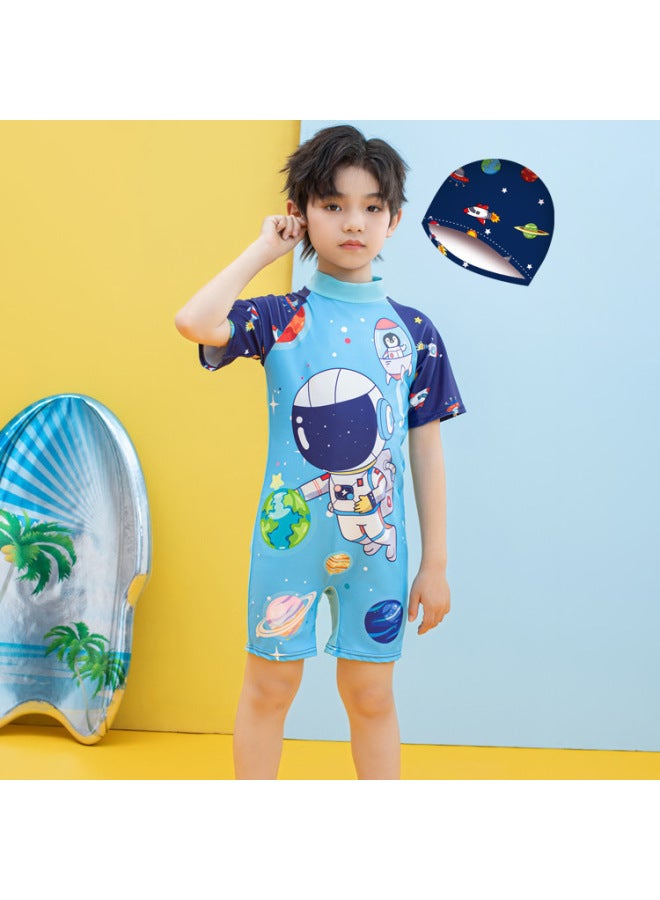 Loquat Cartoon Cute Children's Swimsuit Boy's Small And Medium-sized Children's Short-sleeved Shorts Swimsuit Baby Boy's Conservative Swimsuit-Color:Space Exploration Capping F2- - Image 1