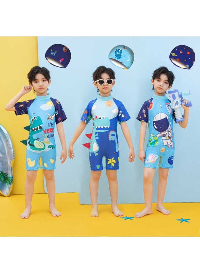 Loquat Cartoon Cute Children's Swimsuit Boy's Small And Medium-sized Children's Short-sleeved Shorts Swimsuit Baby Boy's Conservative Swimsuit-Color:Space Exploration Capping F2- - Image 2