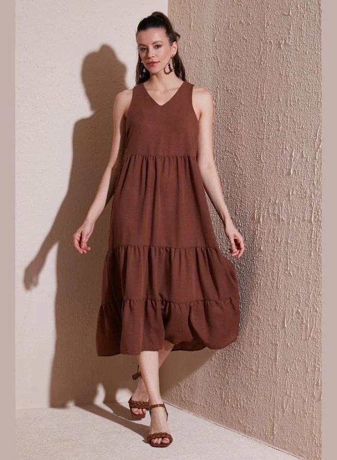 Lela Lela Relaxed Fit V-Neck Ruffled Midi Dress Women's Dress 611EL011