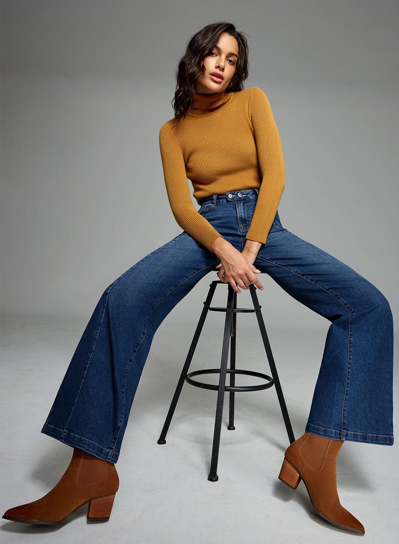 Sidefeel Women's High Waisted Mom Jeans Stretchy Front Seam Straight Leg Denim Pants Size 6 Dark Blue - Image 4