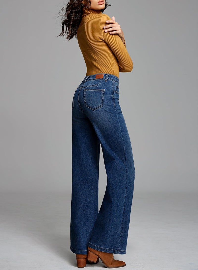 Sidefeel Women's High Waisted Mom Jeans Stretchy Front Seam Straight Leg Denim Pants Size 6 Dark Blue - Image 5