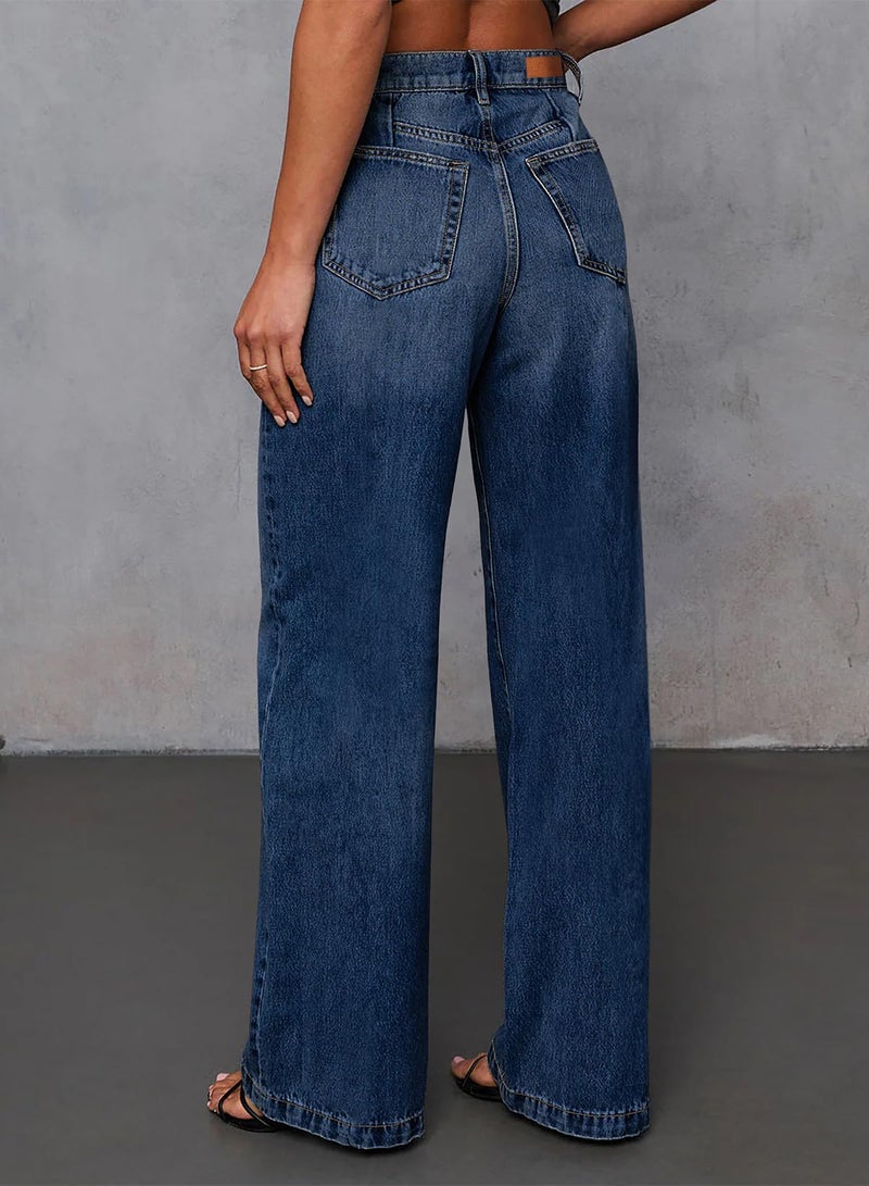 Sidefeel Women's High Waisted Mom Jeans Stretchy Front Seam Straight Leg Denim Pants Size 6 Dark Blue - Image 2
