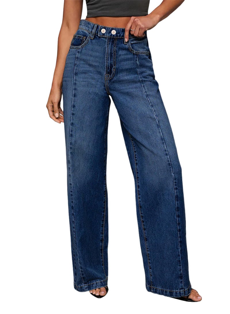 Sidefeel Women's High Waisted Mom Jeans Stretchy Front Seam Straight Leg Denim Pants Size 6 Dark Blue - Image 1