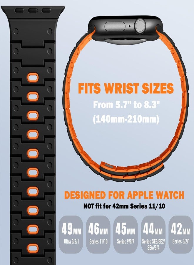 Bandletic سوار Bandletic متوافق مع ساعة Apple Watch Ultra 2 - سلسلة SE Ultra 10 9 8 7 6 5 4، مقاسات 49 مم، 46 مم، 45 مم، 44 مم، 42 مم (3 2 1)، سوار رياضي مغناطيسي من السيليكون لساعة iWatch، للرجال والنساء، أسود وبرتقالي - Image 3