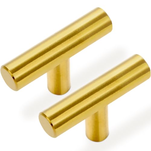 Estmoon 30 Pack Brushed Brass Cabinet Knobs Gold Drawer Pulls Stainless Steel Brushed Gold Dresser Knobs for Cabinets Cupboard Bathroom Kitchen Hardware, Single Hole T Bar Pulls, 2in Overall Length - Image 1
