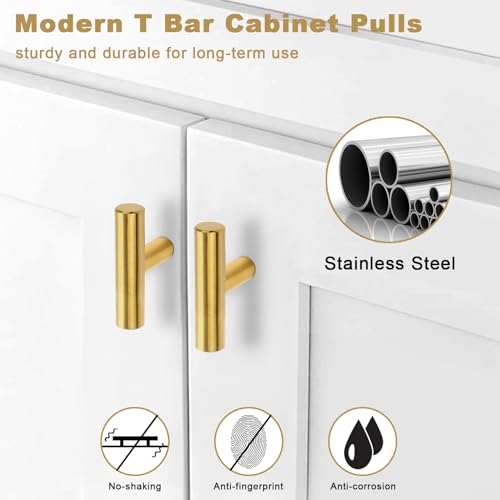 Estmoon 30 Pack Brushed Brass Cabinet Knobs Gold Drawer Pulls Stainless Steel Brushed Gold Dresser Knobs for Cabinets Cupboard Bathroom Kitchen Hardware, Single Hole T Bar Pulls, 2in Overall Length - Image 2