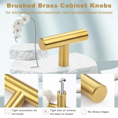 Estmoon 30 Pack Brushed Brass Cabinet Knobs Gold Drawer Pulls Stainless Steel Brushed Gold Dresser Knobs for Cabinets Cupboard Bathroom Kitchen Hardware, Single Hole T Bar Pulls, 2in Overall Length - Image 3