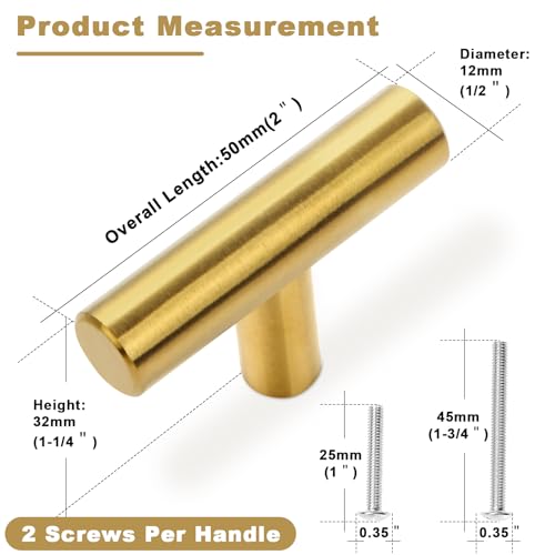 Estmoon 30 Pack Brushed Brass Cabinet Knobs Gold Drawer Pulls Stainless Steel Brushed Gold Dresser Knobs for Cabinets Cupboard Bathroom Kitchen Hardware, Single Hole T Bar Pulls, 2in Overall Length - Image 4