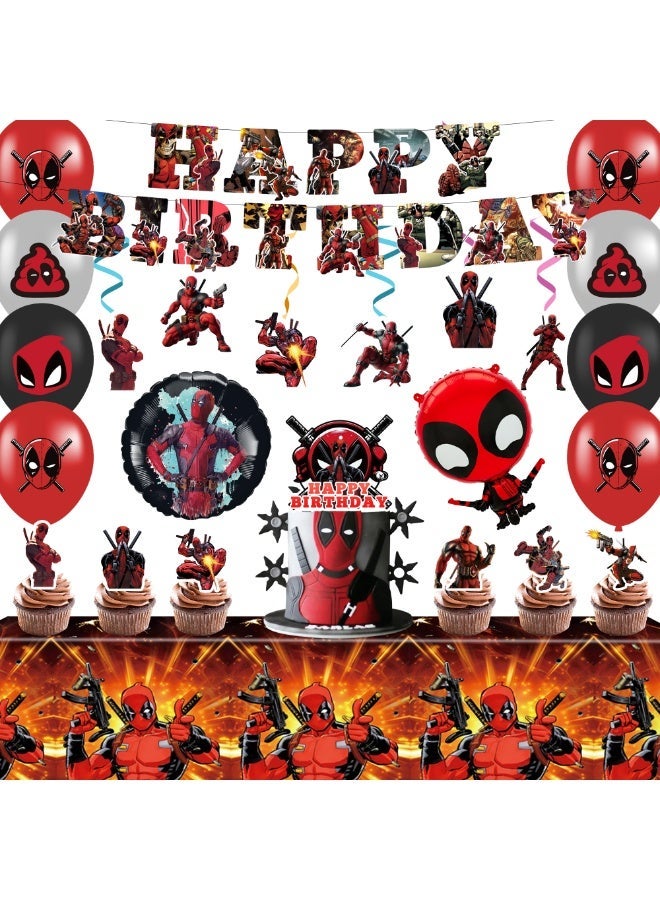 ILovhaprty Deadpool Birthday Party Decorations, 47pcs Deadpool Decoration Set - Deadpool Balloons Banner Tablecloth Cupcake Toppers Spiral Pendant etc Deadpool Birthday Party Supplies - Image 1