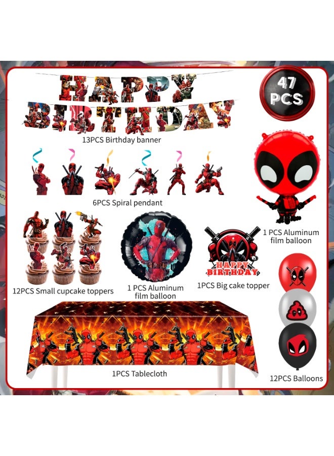ILovhaprty Deadpool Birthday Party Decorations, 47pcs Deadpool Decoration Set - Deadpool Balloons Banner Tablecloth Cupcake Toppers Spiral Pendant etc Deadpool Birthday Party Supplies - Image 3