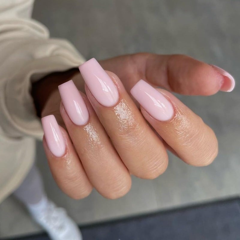 KQueenest Dusty Pink Long Medium Press on Nails Coffin Nails Press Ons Pale Glossy Gel Full Cover Long Fake Nails For Women, Thick Square Tip Nails Acrylic False Nails Set for Daily & Wedding, 24 Pcs - Image 2