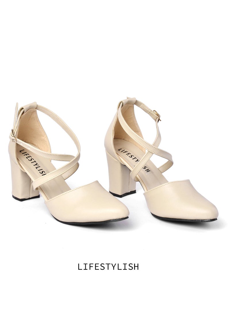 LIFESTYLISH - Crozier Leather heel stylish for women - Beige - Image 1