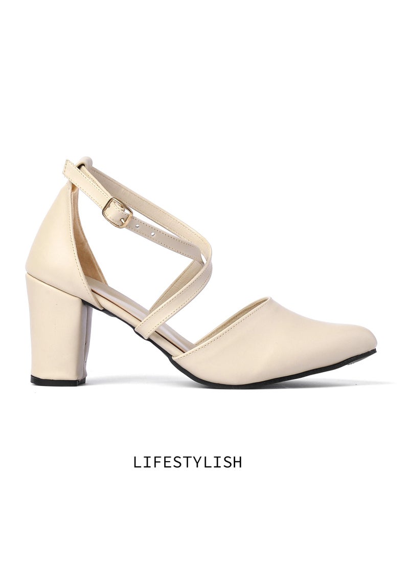 LIFESTYLISH - Crozier Leather heel stylish for women - Beige - Image 1