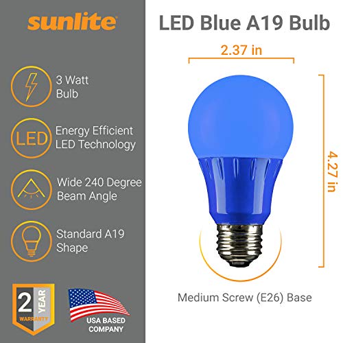 Sunlite 80145 A19 Colored Light Bulb 3 Watts (25w Equivalent), E26 Medium Base, Non-Dimmable, UL Listed, Party Decoration, Holiday Lighting, 1 Count, Blue - Image 3