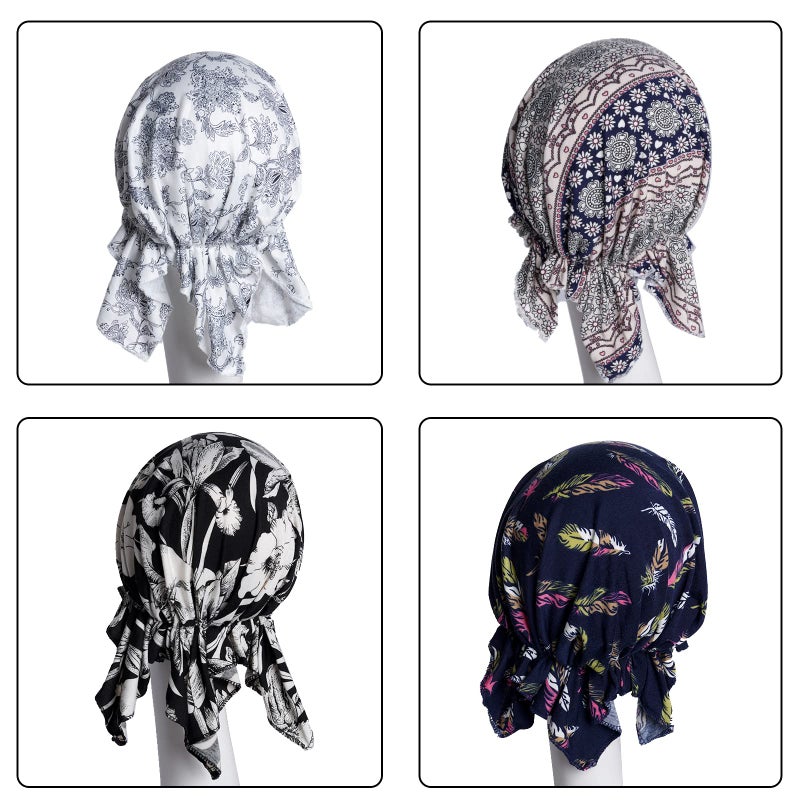 Sucrain 4pcs Pre-Tied Chemo Head Scarf Beanie Covers Cap Head Scarves Sleep Turban Hat Women Bandana with Stretch Print Ruffle Multicolor - Image 2