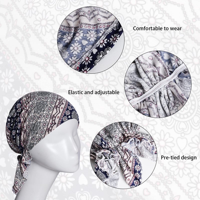 Sucrain 4pcs Pre-Tied Chemo Head Scarf Beanie Covers Cap Head Scarves Sleep Turban Hat Women Bandana with Stretch Print Ruffle Multicolor - Image 4