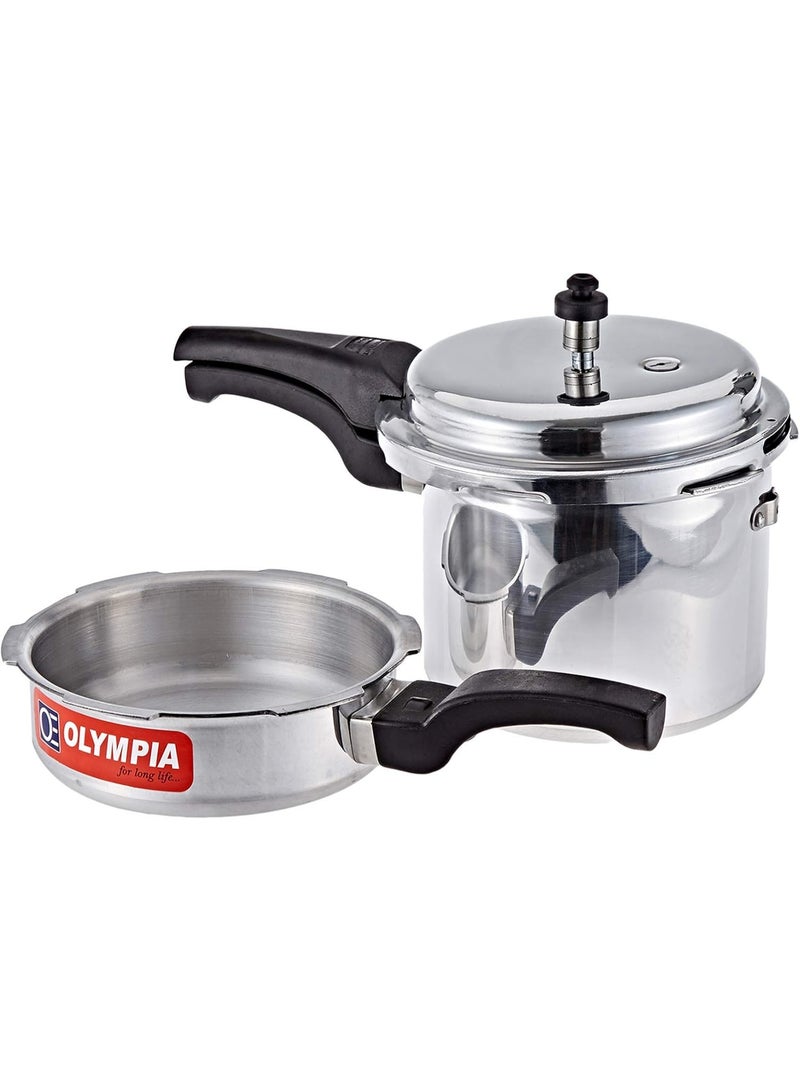Olympia Main Pressure Cooker Capacity: 5 Liters. 

Inner Cooking Pot Capacity: 2.5 Liters.

Total Set Capacity: 7.5 Liters (Combined).Liters Olympia Pressure Cooker Set 5L And 2.5L Aluminium Kitchen Cooker 2 In 1 Heavy Base Fast Cooking Safety Valve Durable Handle Gas Stove Compatible silver - Image 3