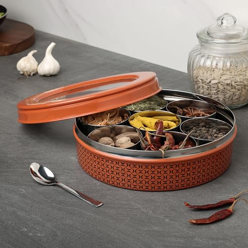 dudki 7 in 1 Stainless Steel Spice box for kitchen sturdy Masala dabba jar for Spices Seamless Design (Orange Rust) - Image 4