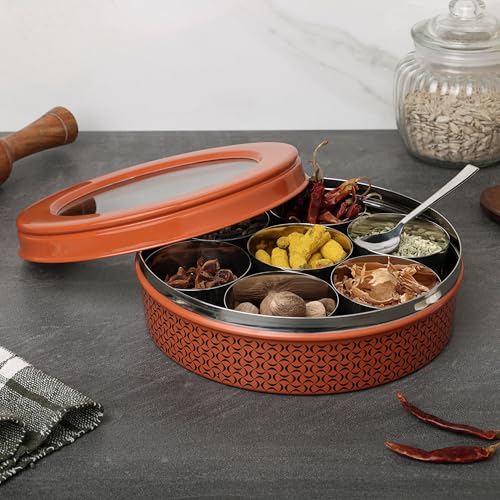 dudki 7 in 1 Stainless Steel Spice box for kitchen sturdy Masala dabba jar for Spices Seamless Design (Orange Rust) - Image 5