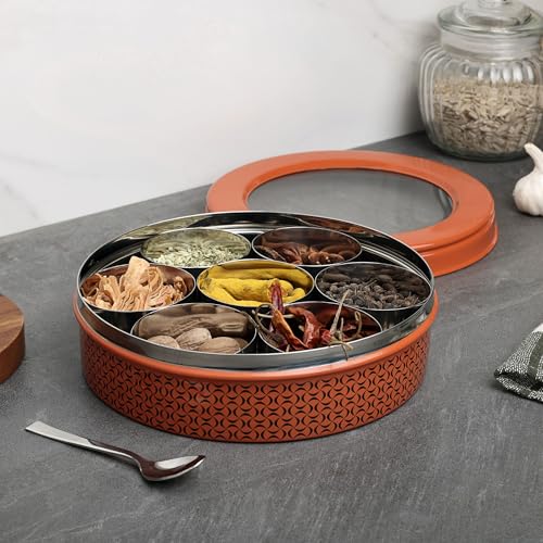 dudki 7 in 1 Stainless Steel Spice box for kitchen sturdy Masala dabba jar for Spices Seamless Design (Orange Rust) - Image 2