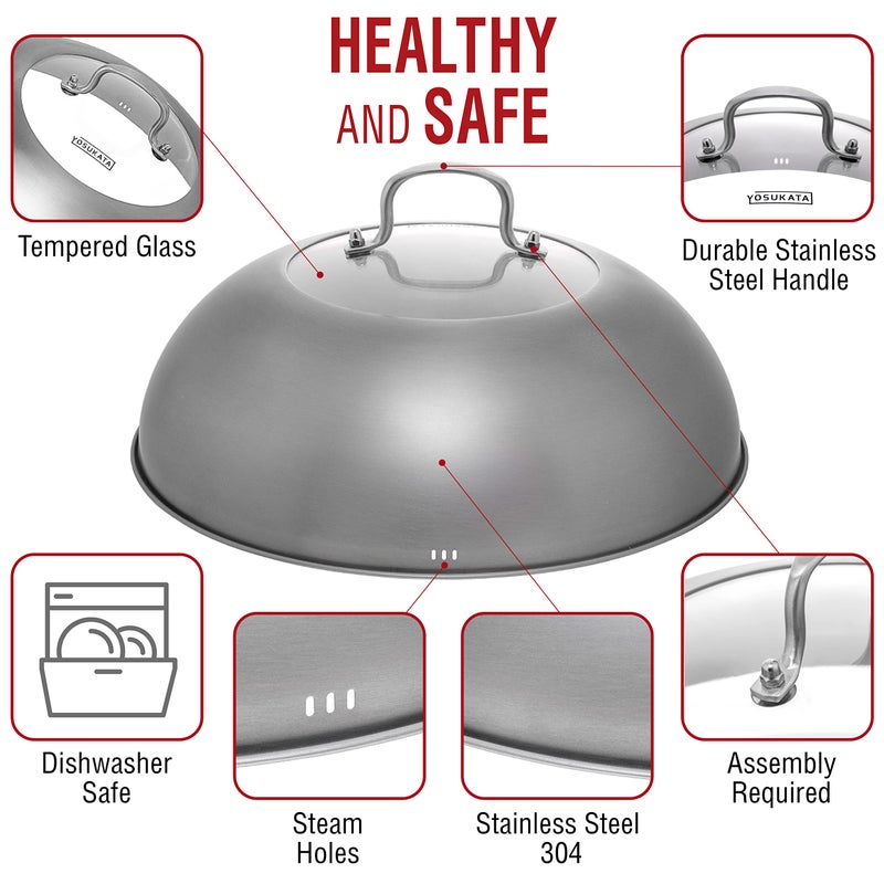YOSUKATA Wok Lid 13.6 Inch - Premium Stainless Cover with Tempered Glass Insert Steam Holes - Dishwasher-Safe Lid for 14-Inch Wok - Chees Melting Dome for Griddle - Image 2