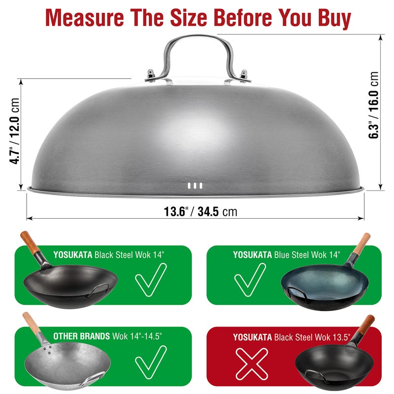 YOSUKATA Wok Lid 13.6 Inch - Premium Stainless Cover with Tempered Glass Insert Steam Holes - Dishwasher-Safe Lid for 14-Inch Wok - Chees Melting Dome for Griddle - Image 3