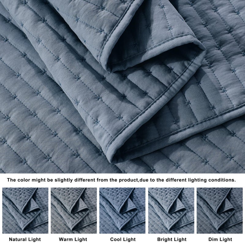 WDCOZY Blue Cross Stitch King Size Quilt Set, Striped Lightweight Soft Bedspread, Channel Farmhouse Rustic Coverlet, All Season Country Bedding, Thin Comforter - Image 4