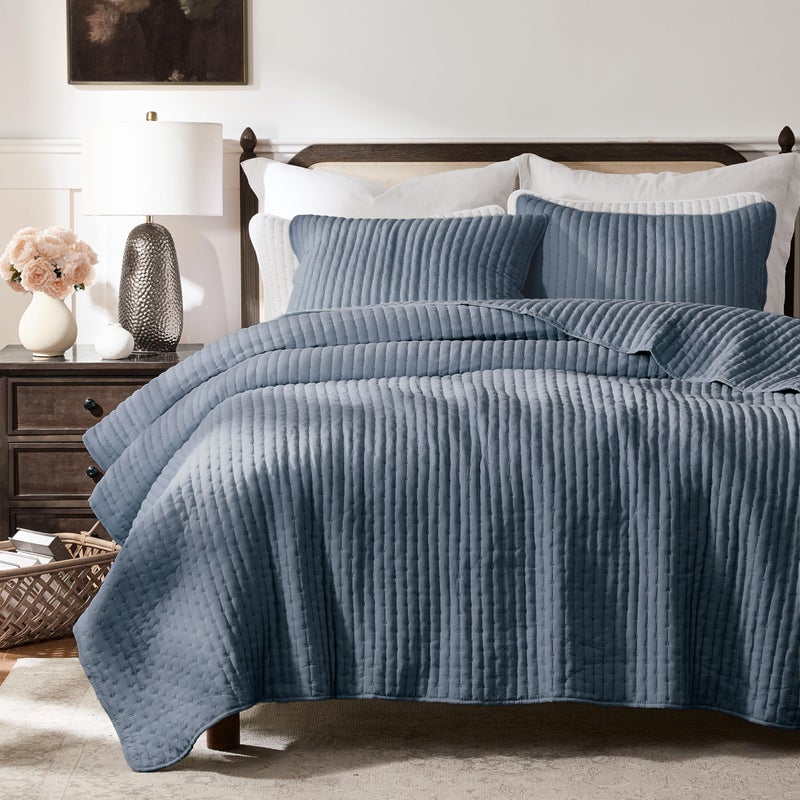 WDCOZY Blue Cross Stitch King Size Quilt Set, Striped Lightweight Soft Bedspread, Channel Farmhouse Rustic Coverlet, All Season Country Bedding, Thin Comforter - Image 1