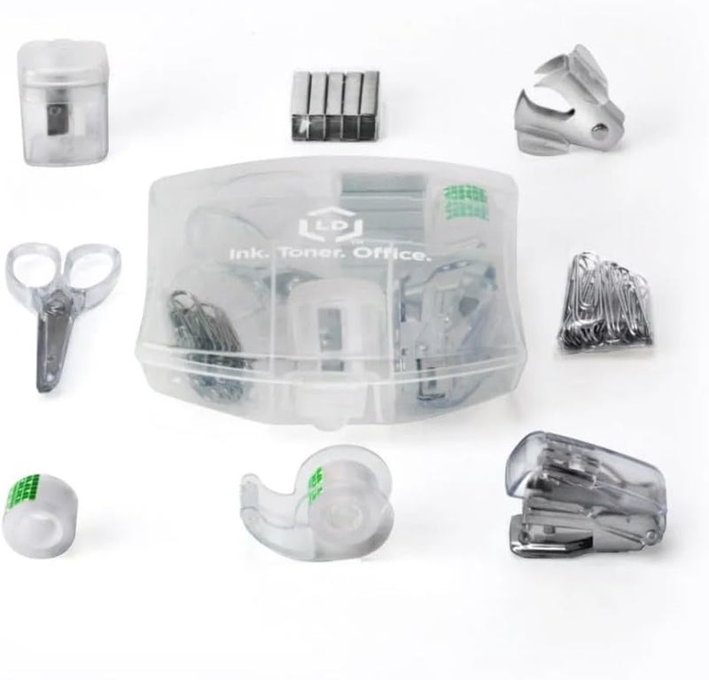 LD Products Clear Mini Office Supply Kit Portable Case with Scissors, Paper Clips, Tape Dispenser, Pencil Sharpener, Stapler & Staple Remover - Image 1