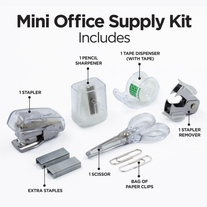 LD Products Clear Mini Office Supply Kit Portable Case with Scissors, Paper Clips, Tape Dispenser, Pencil Sharpener, Stapler & Staple Remover - Image 3