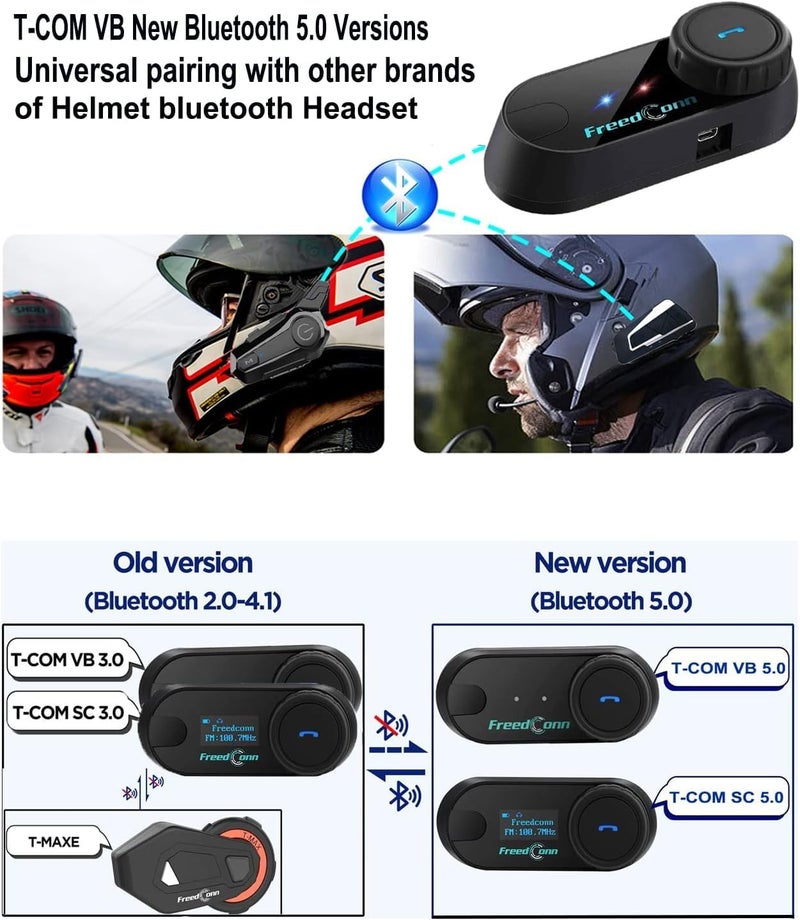 Freedconn Motorcycle Helmet Bluetooth Headset,TCOM VB with Music Sharing 2-Riders 800M Universal Intercom Communication Systems,Waterproof Motobike Interphone/FM/Siri/BT5.0/2 in 1 Mic for All Helmets - Image 4