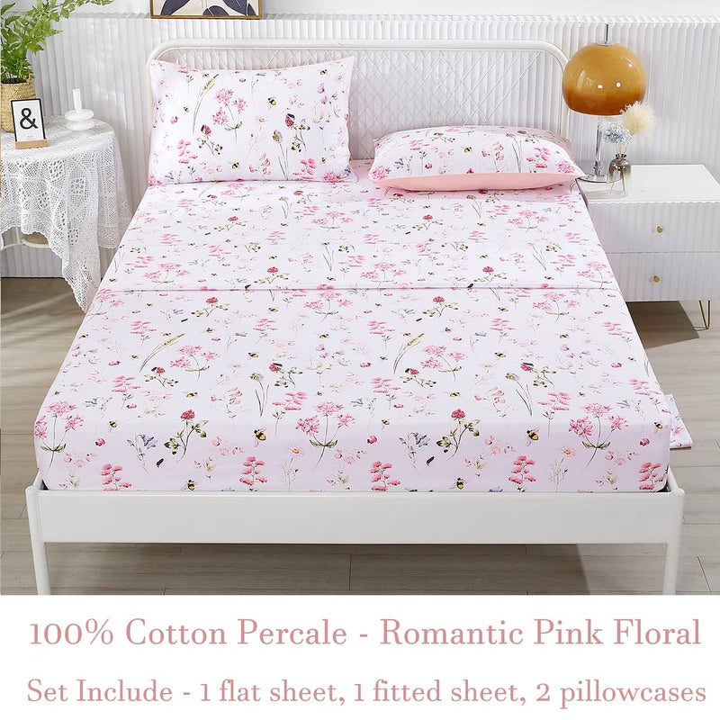 URBONUR Garden Floral Sheets 4 Piece Pink Bees Print Luxury 100% Cotton Bed Sheet Set - Silky & Smooth Bed Set for All Season Bedoom Decor Home Collection (4pcs, Queen, Pink Floral Bee) - Image 2