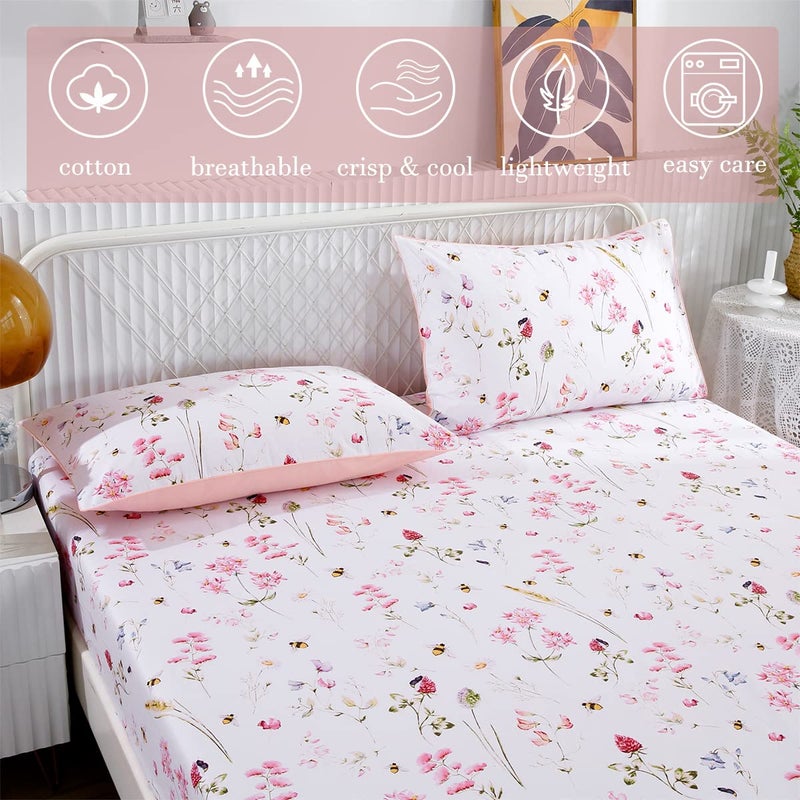 URBONUR Garden Floral Sheets 4 Piece Pink Bees Print Luxury 100% Cotton Bed Sheet Set - Silky & Smooth Bed Set for All Season Bedoom Decor Home Collection (4pcs, Queen, Pink Floral Bee) - Image 5
