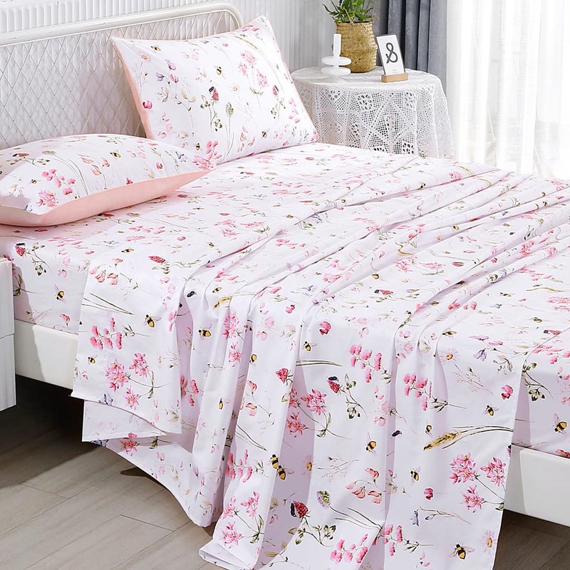 URBONUR Garden Floral Sheets 4 Piece Pink Bees Print Luxury 100% Cotton Bed Sheet Set - Silky & Smooth Bed Set for All Season Bedoom Decor Home Collection (4pcs, Queen, Pink Floral Bee) - Image 3