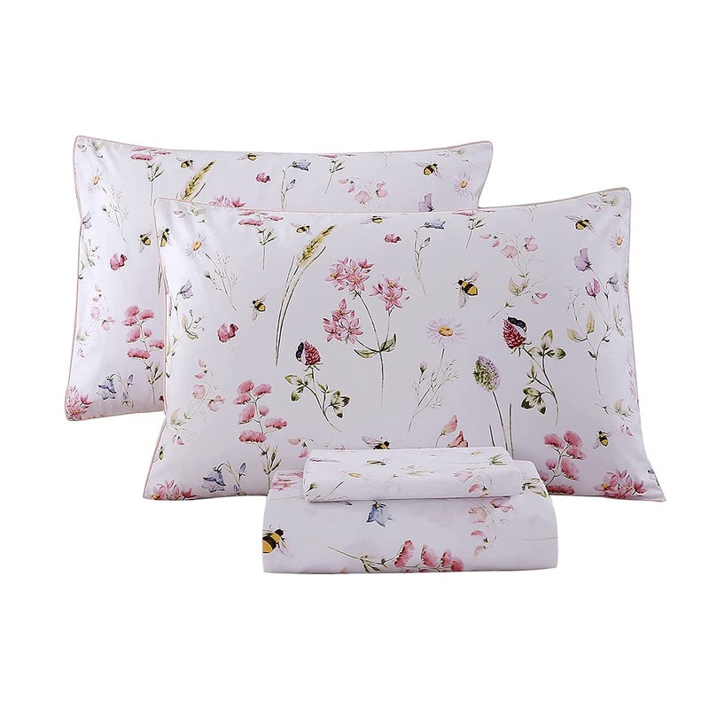 URBONUR Garden Floral Sheets 4 Piece Pink Bees Print Luxury 100% Cotton Bed Sheet Set - Silky & Smooth Bed Set for All Season Bedoom Decor Home Collection (4pcs, Queen, Pink Floral Bee) - Image 1