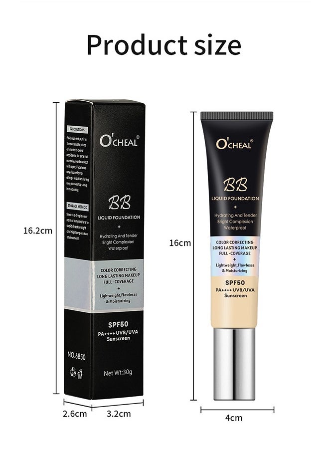 OCHEAL - BB Liquid Foundation Color Correcting Long Lasting Maseup Full Coverage Lightweight, Flowlesss&Moisturizing Instant Age Rewind Perfector BB Cream Sunscreen SPF50(02#Natura) - Image 1