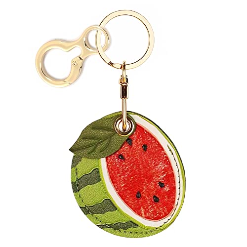 BORKUANA Leather Keychain Holder Case Compatible with Apple AirTag, Cute Protective Air Tag Cover With Keychain Ring, Anti-Scratch Finder GPS Tracker Case for Wallet Keys(Watermelon) - Image 1