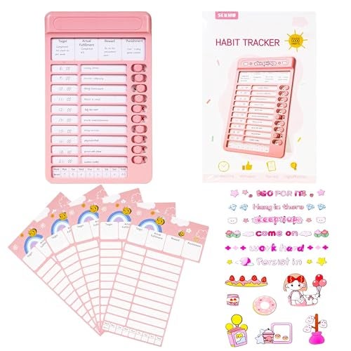 PARTEET Habit Tracker Kids Chore Chart, Plastic Checklist Board with 15 Detachable Cardstock to Do List for Home Routine Planning, My Chores RV Checklist Task Planning Board for Kids and Adults (PINK) - Image 1