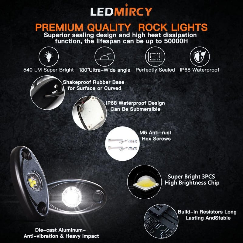 LEDMIRCY أضواء LEDMIRCY LED الصخرية البيضاء 20 قطعة لشاحنات الطرق الوعرة ATV SUV RZR السيارات القوارب مقاومة للماء عالية الطاقة تحتية أضواء نيون تحت الهيكل مسار TRAI أضواء مقاومة للصدمات (20 قطعة بيضاء) - Image 4