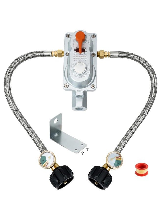 Skyflame 2-Stage Auto Changeover Propane Gas Rv Regulator Kit with 2PCS Gauges and 12-Inch Braided Connection Hoses for Dual Propane Tank RV Trailers Camper - Image 1