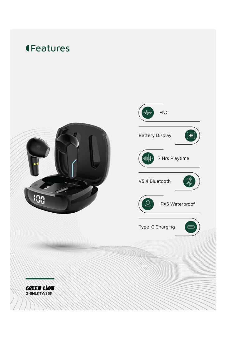 GREEN LION Interlaken True Wireless Earbuds with ENC and Dual Microphone / Battery Display / True Wireless Headphones / Hands-Free Calling / Breathing Lights - Black - Image 3