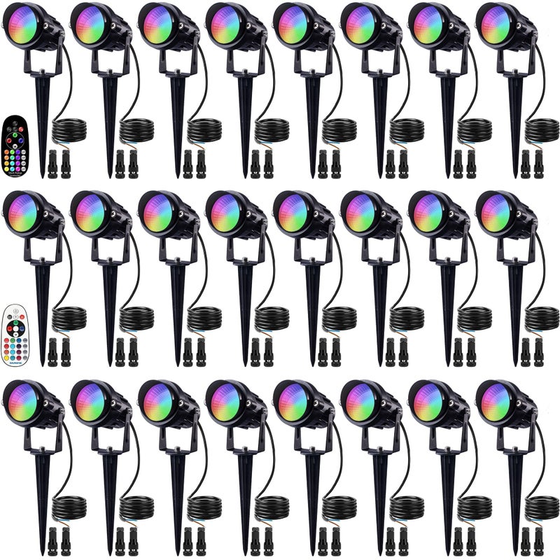 SUNVIE 24 Pack Halloween RGBW Low Voltage Landscape Lights 12W LED Color Changing Landscape Lighting with Remote Control and Wire Connectors ACDC 12V24V Waterproof Outdoor Spotlight for Yard Garden