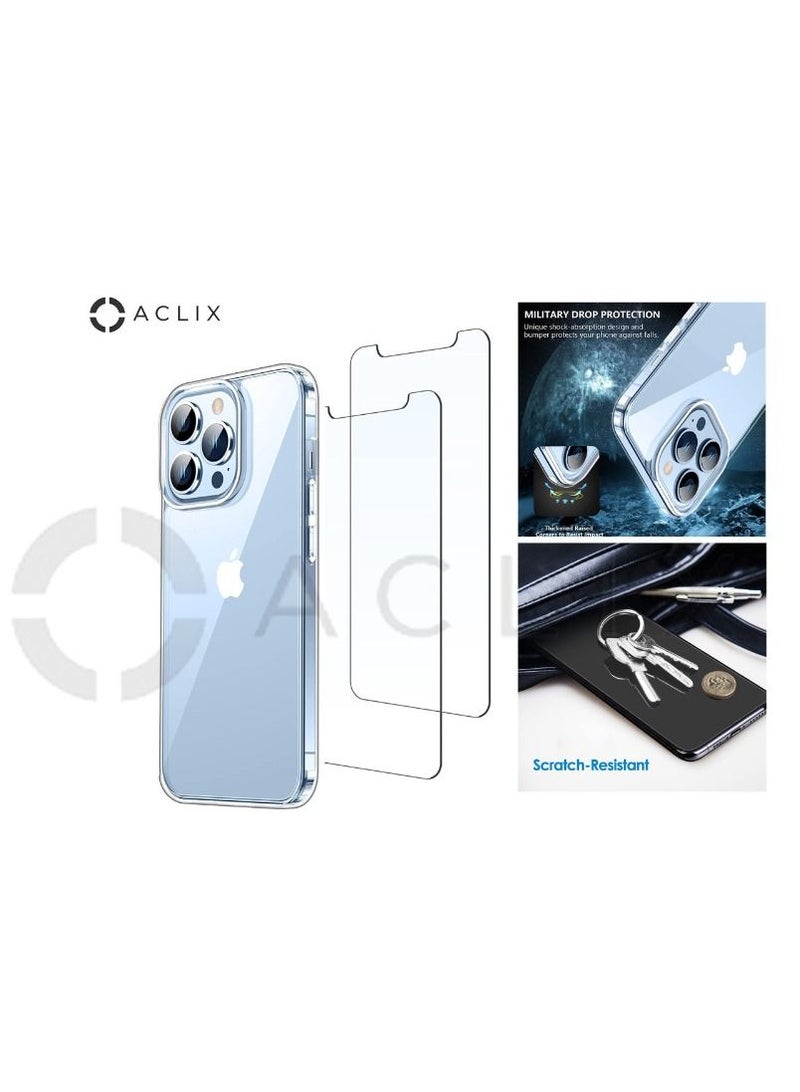 ACLIX iPhone 14 PRO MAX Case Shockproof Clear Transparent Cover +(2 Pack Tempered) Glass Screen Protector, Edge to Edge Full Screen Coverage
