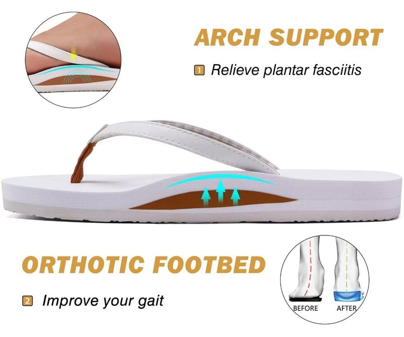 KuaiLu Womens Arch Support Flip Flops Comfortable Yoga Mat Slip on Leather Walking Thong Cushion Sandals Summer Beach Orthotic Slides Travel Essentials Indoor Outdoor Slippers Shoes White Size 7.5 - Image 4