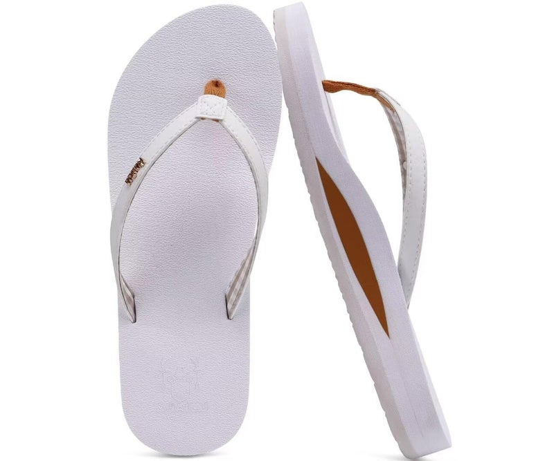 KuaiLu Womens Arch Support Flip Flops Comfortable Yoga Mat Slip on Leather Walking Thong Cushion Sandals Summer Beach Orthotic Slides Travel Essentials Indoor Outdoor Slippers Shoes White Size 7.5 - Image 1