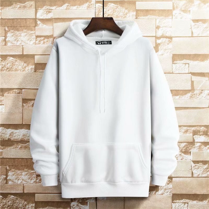 Sweat Mens Hooded Spring and Autumn Ins Student Hong Kong Style Solid Color fleece-lined Thickened Loose plus size Blank Top for Couple White
