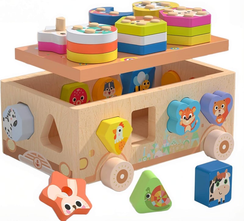 EDUTREE Montessori Wooden Shape & Color Sorting Toy,Stacking & Sorting Educational Toy for Toddlers 18M+, Enhances Hand-Eye Coordination,Ideal First Birthday Gift for Boys and Girls - Image 1