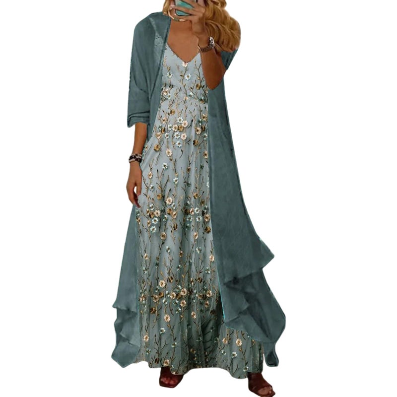 LOZ 2 Piece Sets for Women Summer Maxi Dresses Sleeveless Spaghetti Strap Floral Dresses with Sheer Cardigan Matching Sets - Image 1
