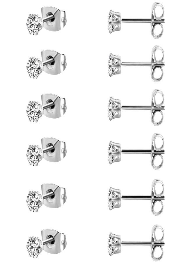 MDFUN 18K White Gold Plated Earrings Set 4 MM Round Clear Cubic Zirconia Stud Earrings Hypoallergenic CZ 6 Prong Ears Jewelry for Women - Pack of 6 Pairs - Image 1